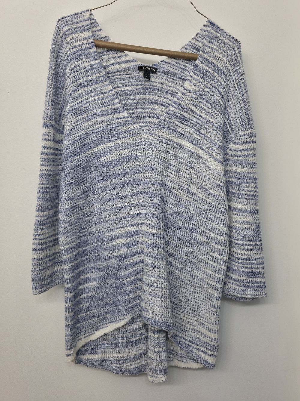 Express Women's Light Blue & White Striped V-Neck Sweater
